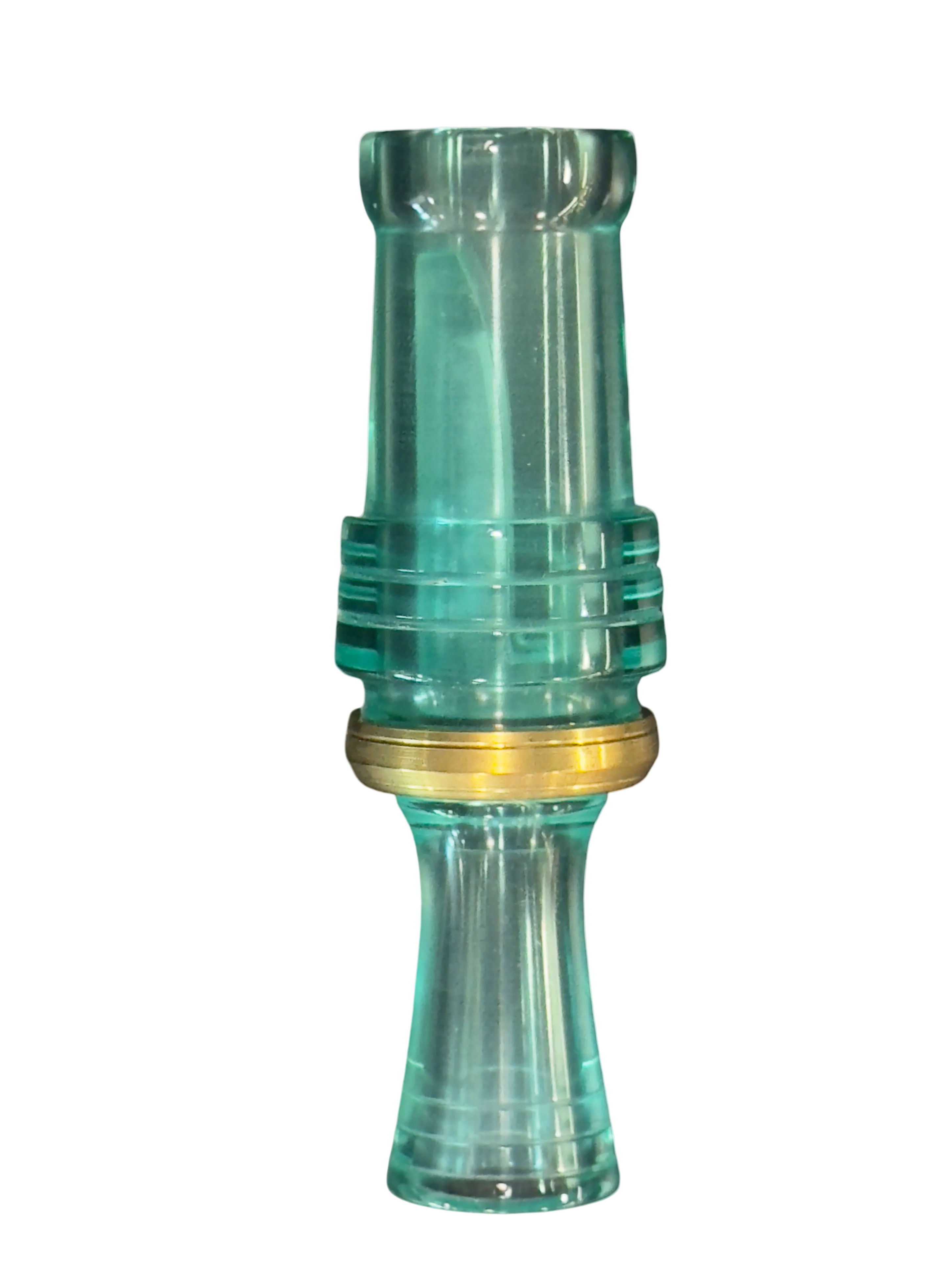 Coke Bottome colored acrylic duck call with brass ring on a white background