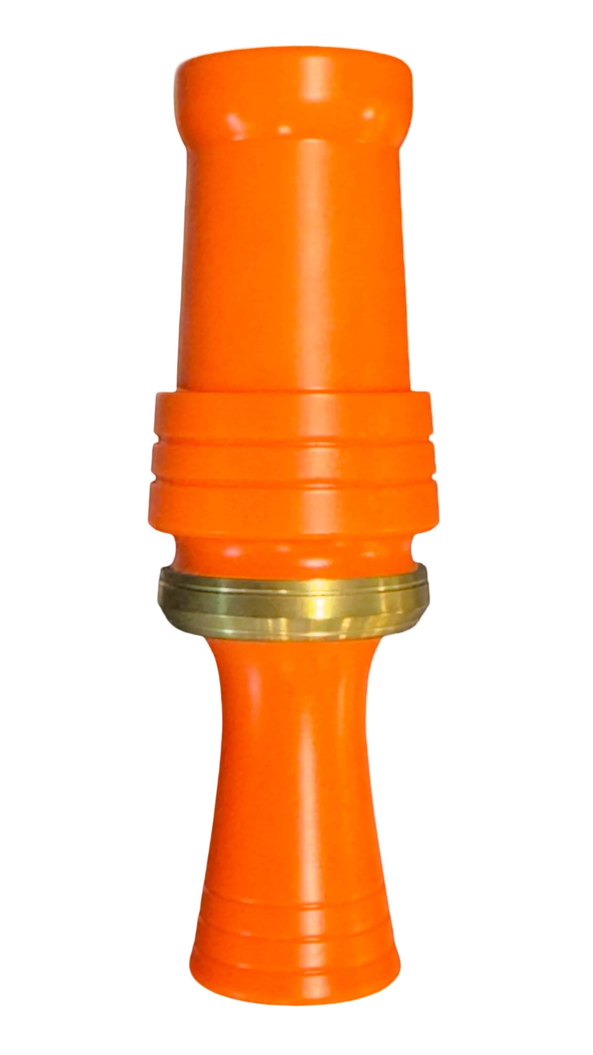 Orange acrylic duck call with brass ring on a white background